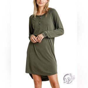 Umgee Women’s Cupro Button Front Long Sleeve Dress with Raw Edged Hem